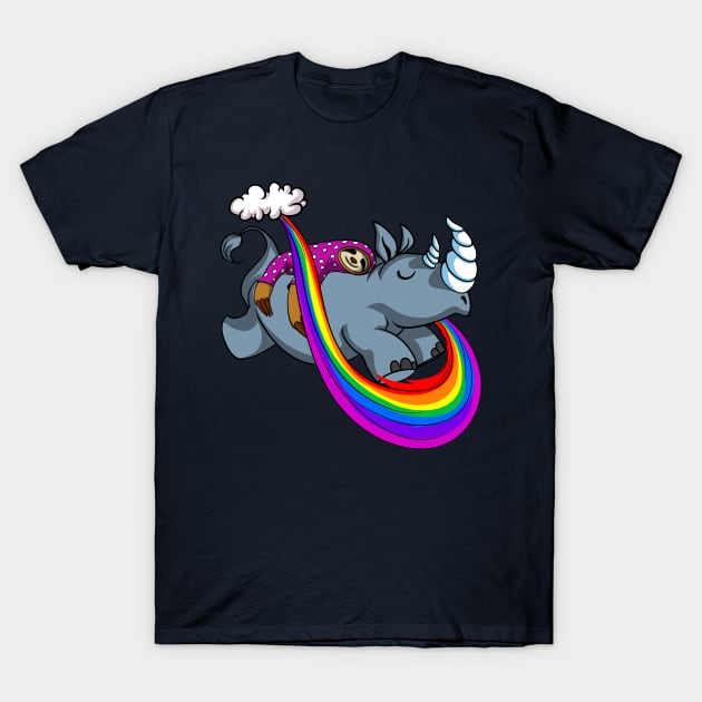 Sleeping Sloth Riding Rhino Fantasy Rainbow Cartoon T-Shirt by underheaven